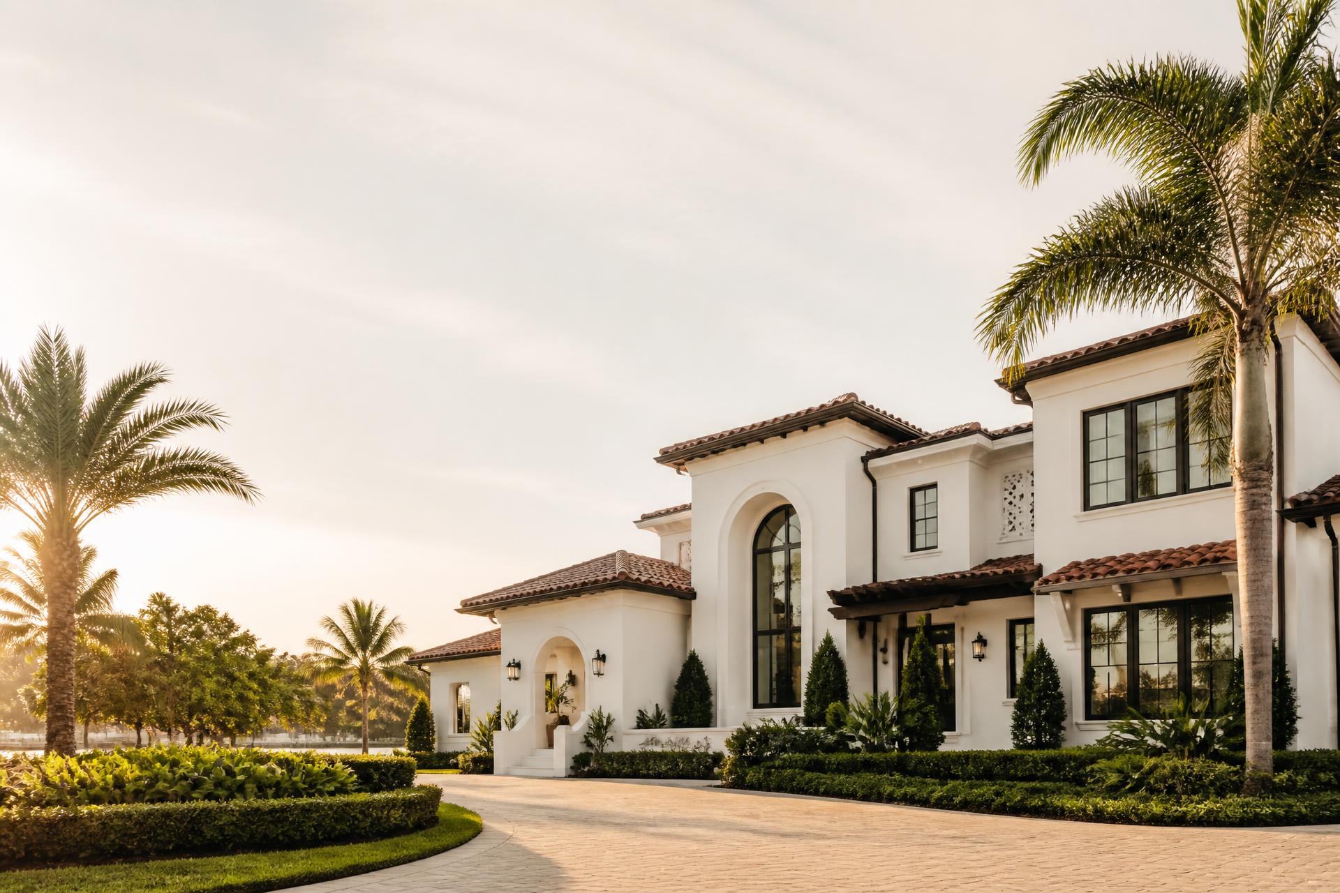 Casa de lujo en Tampa, Florida, con palmeras y luz cálida de la mañana