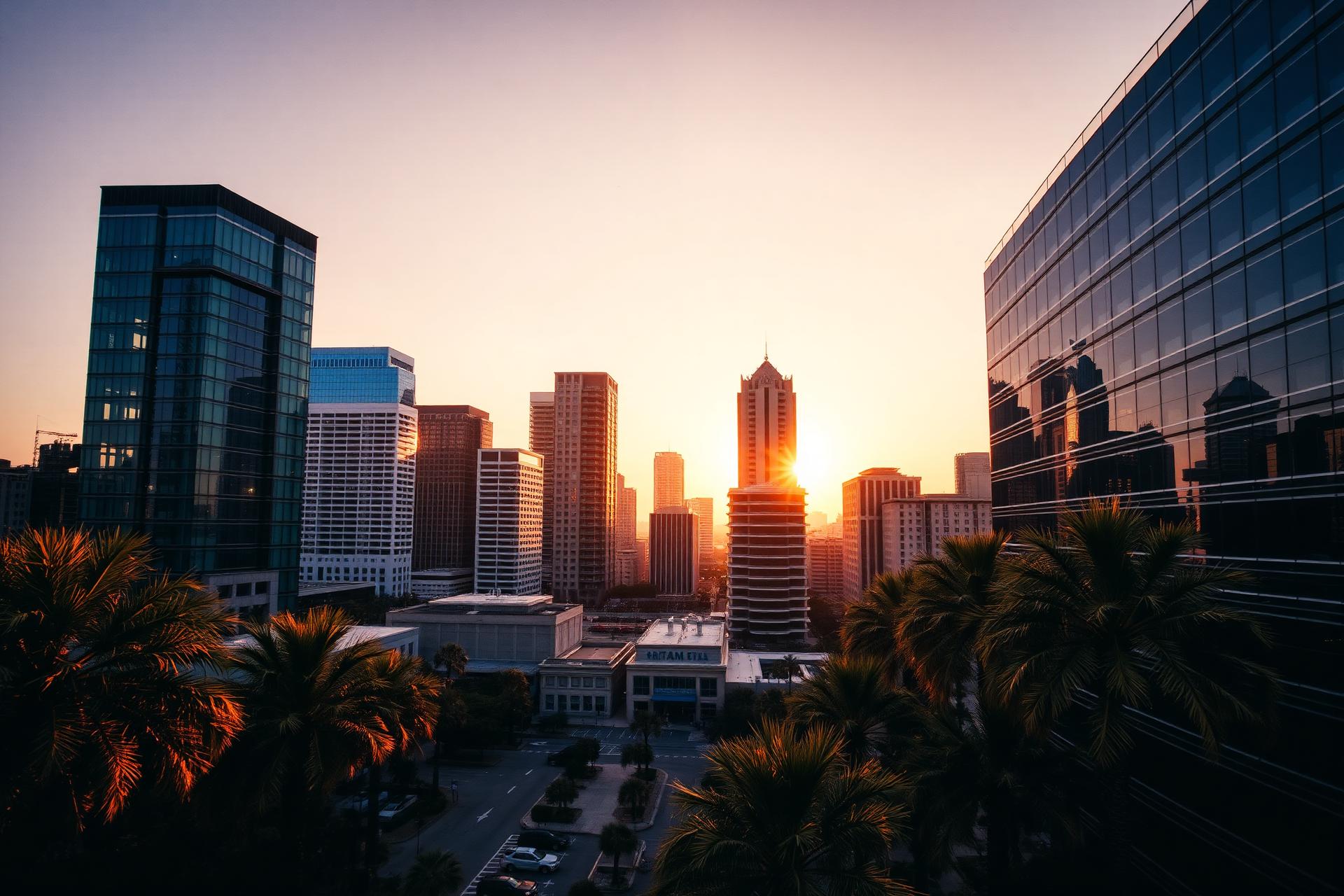 Downtown Tampa commercial skyline at golden hour