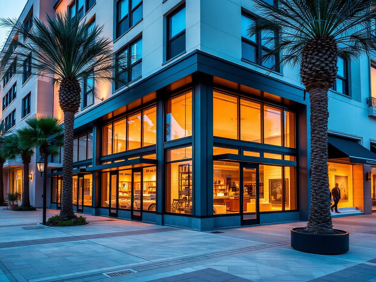 Upscale retail storefront at dusk in a Tampa mixed-use district