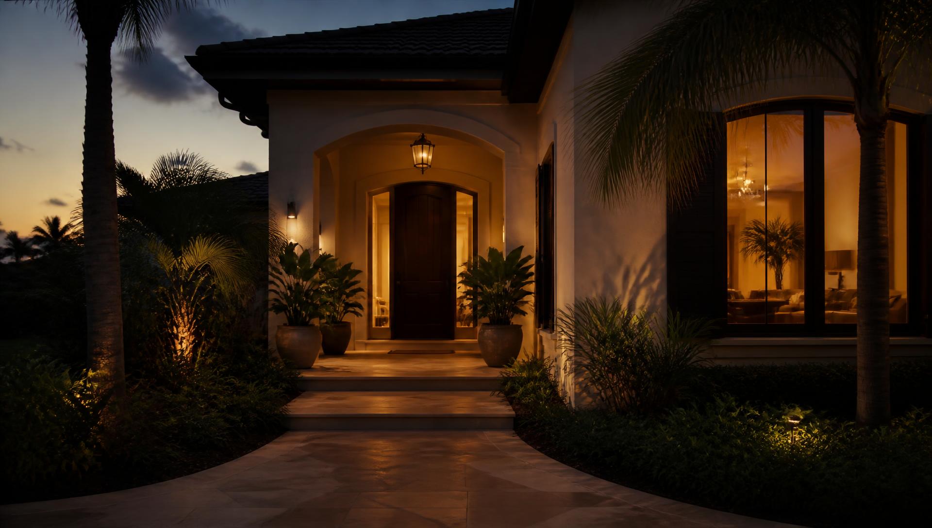 Entrada iluminada de una casa en Florida al atardecer
