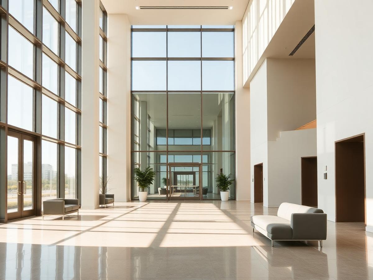 Modern Tampa office building lobby with floor-to-ceiling glass