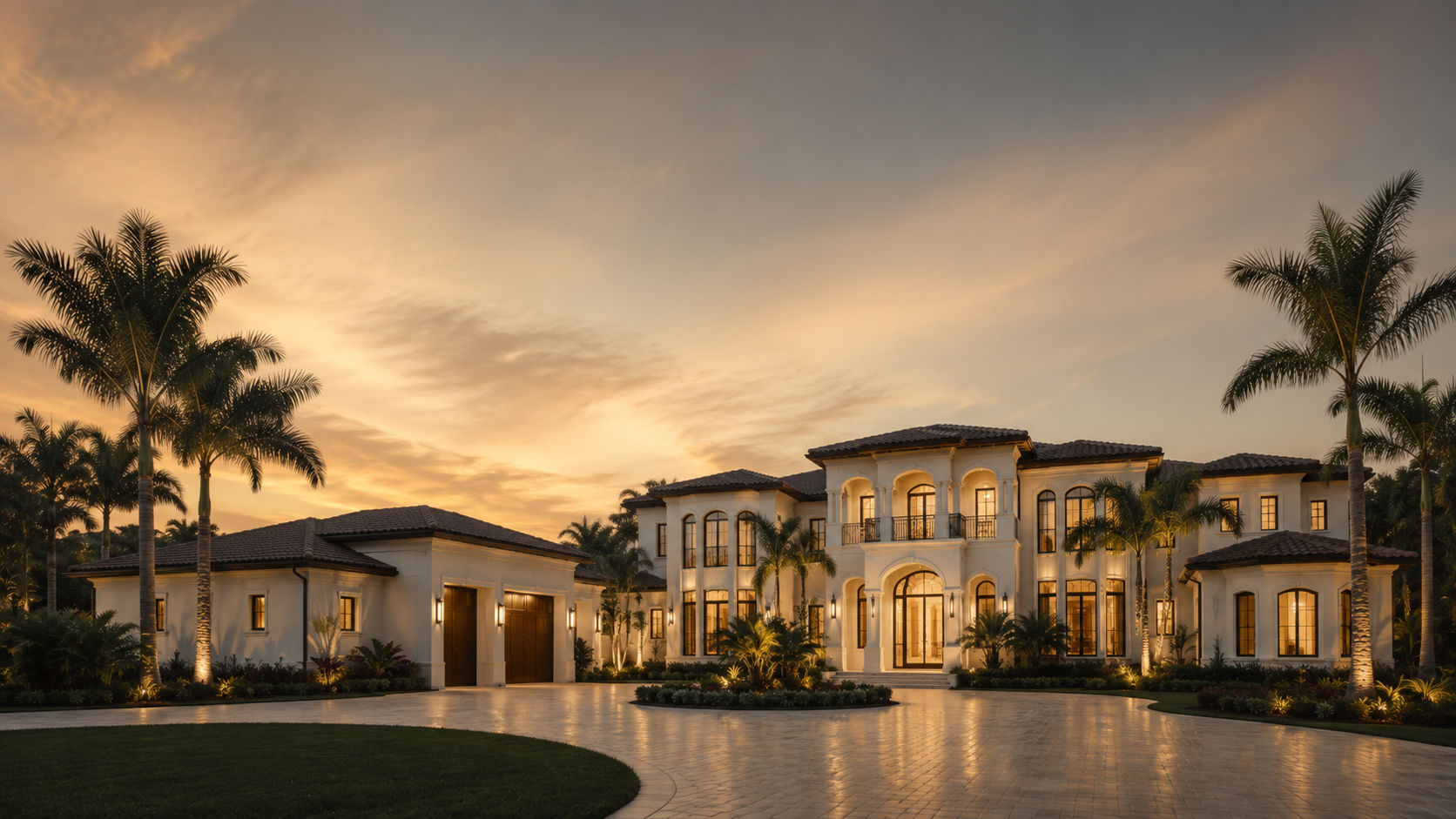 Luxury Mediterranean mansion at golden hour with palm trees and open sky